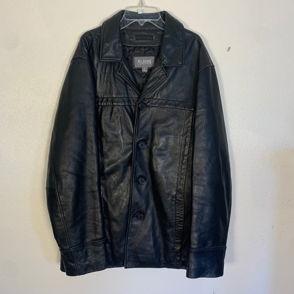 Wilsons Leather Mens L Black Leather Car Coat Quilted Lining Button Front Jacket - Picture 14 of 16